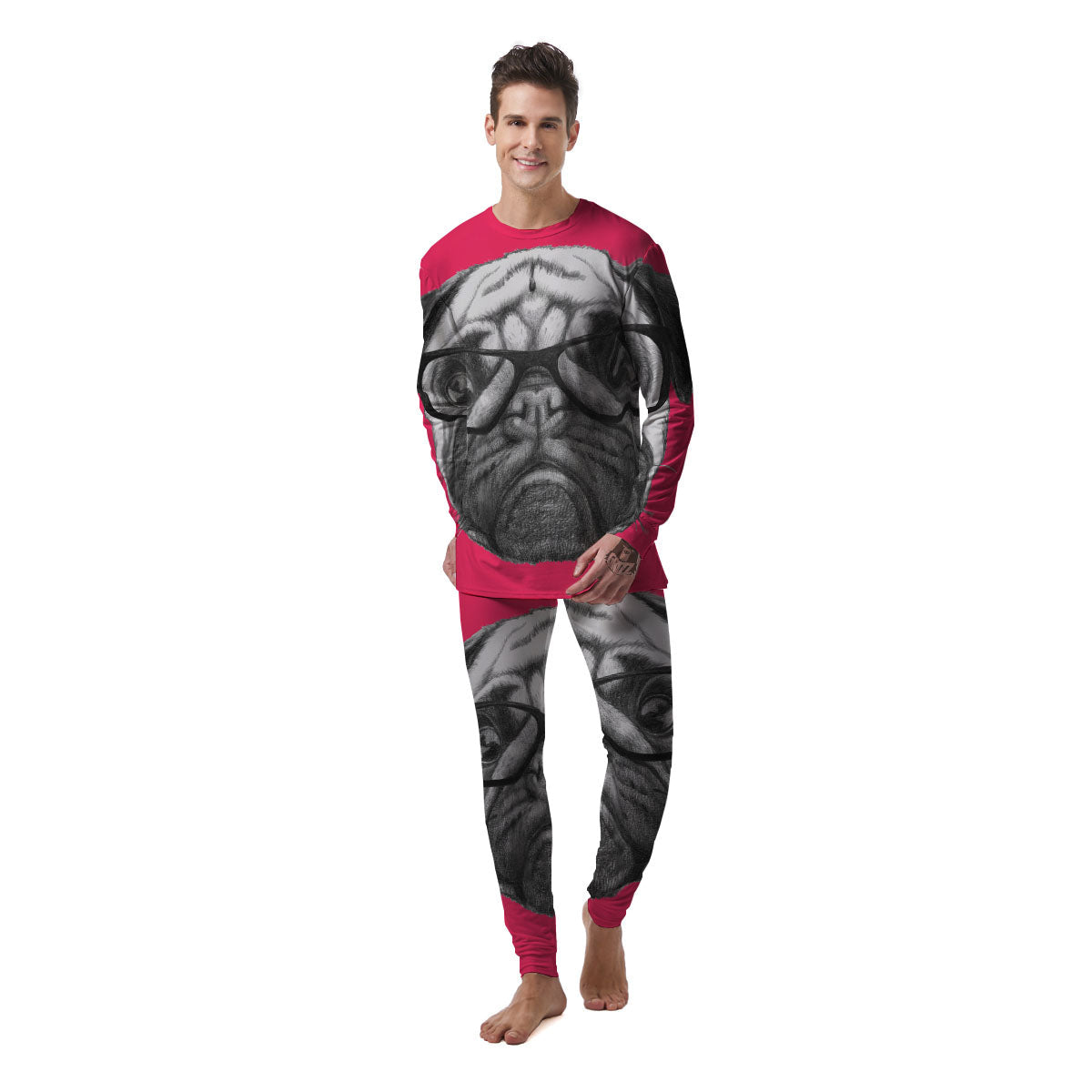 Glasses Pug Portrait Print Men's Pajamas-grizzshop