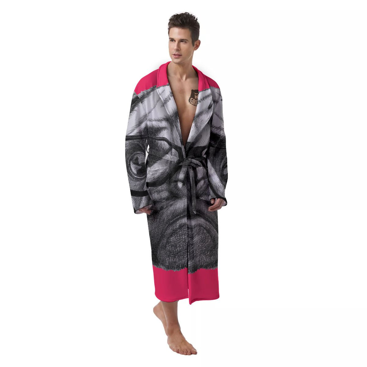 Glasses Pug Portrait Print Men's Robe-grizzshop