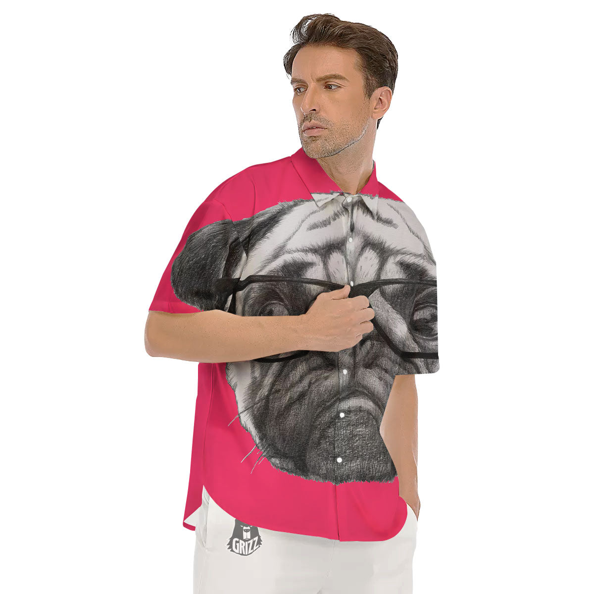 Glasses Pug Portrait Print Men's Short Sleeve Shirts-grizzshop