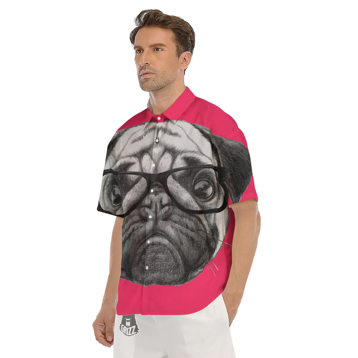 Glasses Pug Portrait Print Men's Short Sleeve Shirts-grizzshop