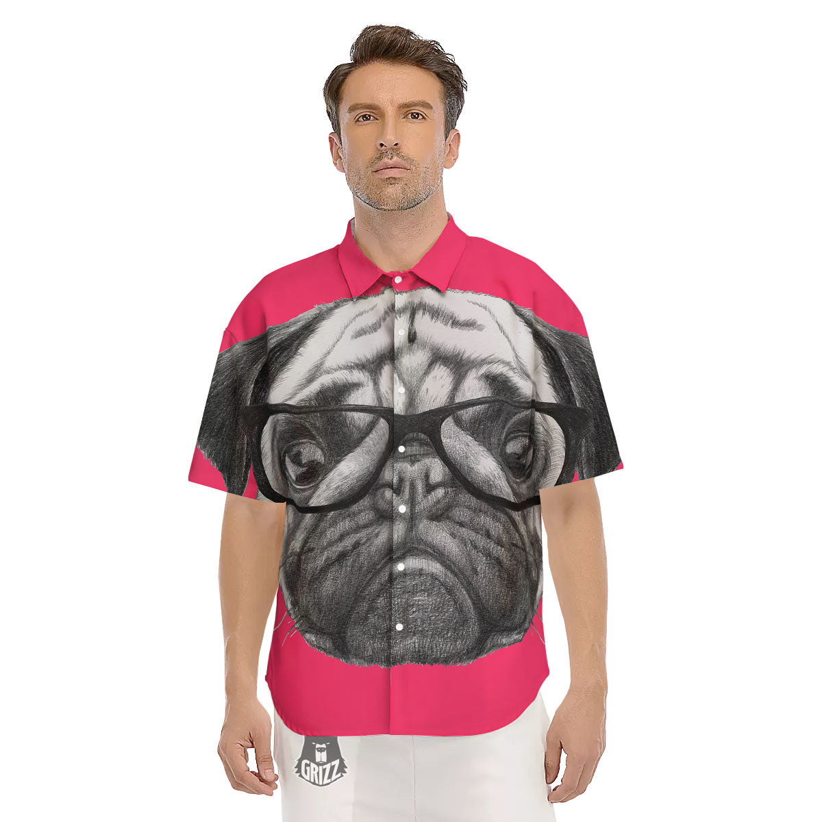 Glasses Pug Portrait Print Men's Short Sleeve Shirts-grizzshop