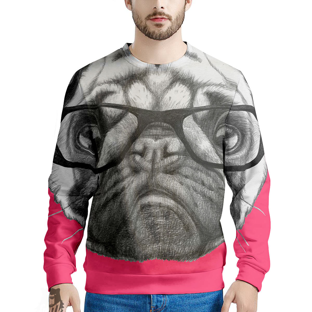 Glasses Pug Portrait Print Men's Sweatshirt-grizzshop