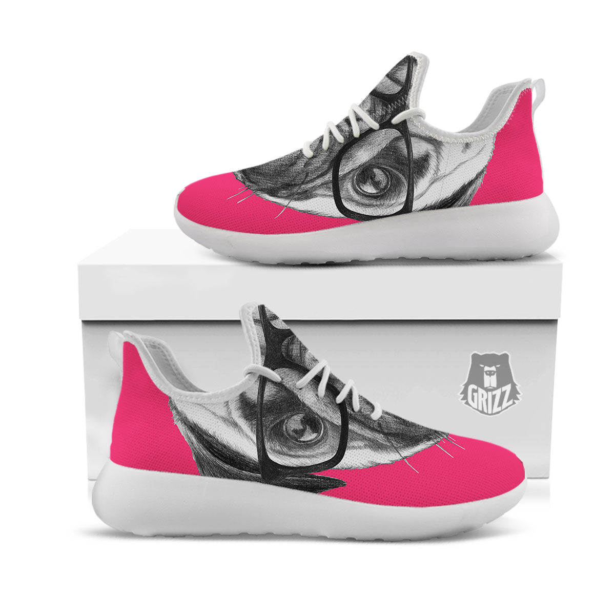 Glasses Pug Portrait Print White Athletic Shoes-grizzshop