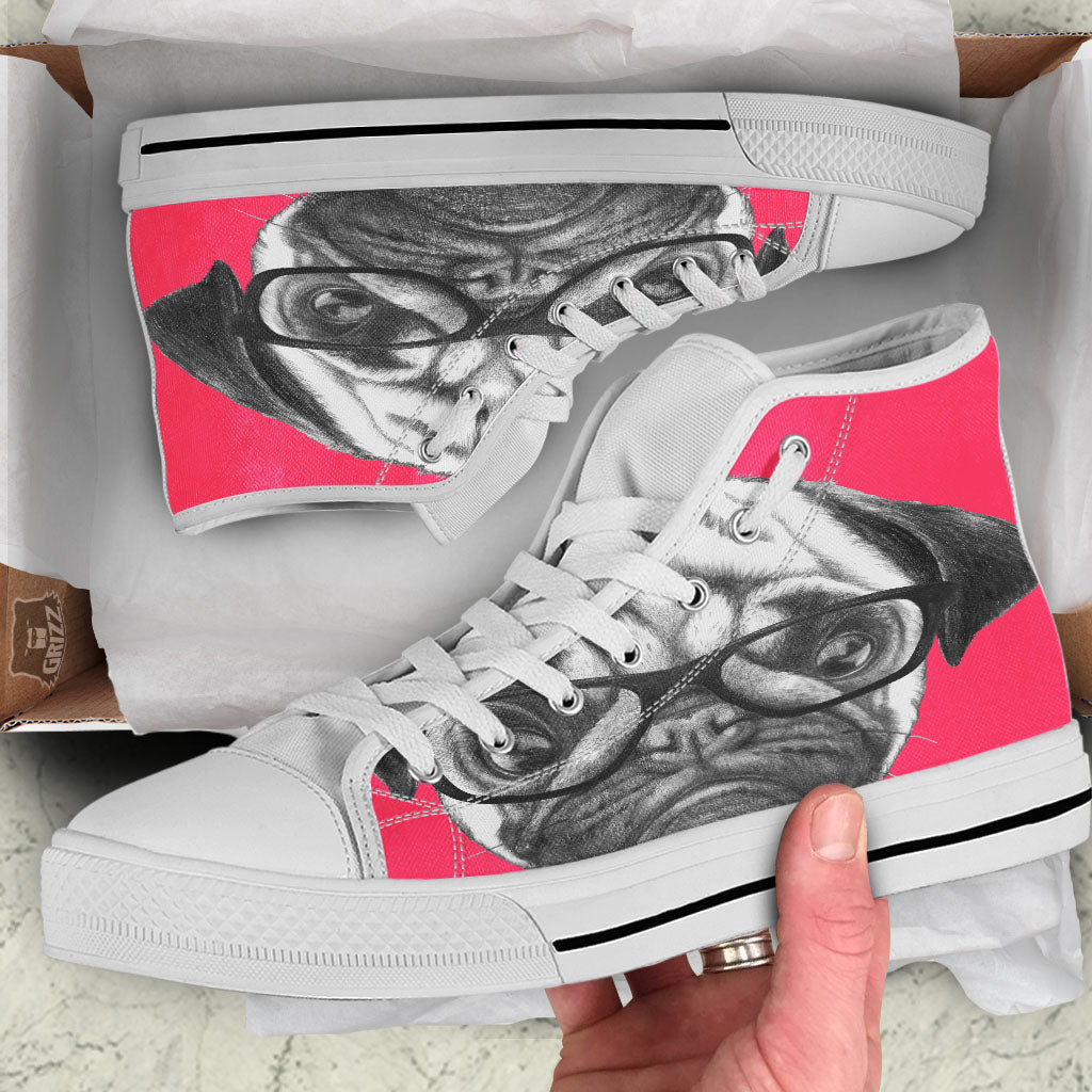 Glasses Pug Portrait Print White High Top Shoes-grizzshop