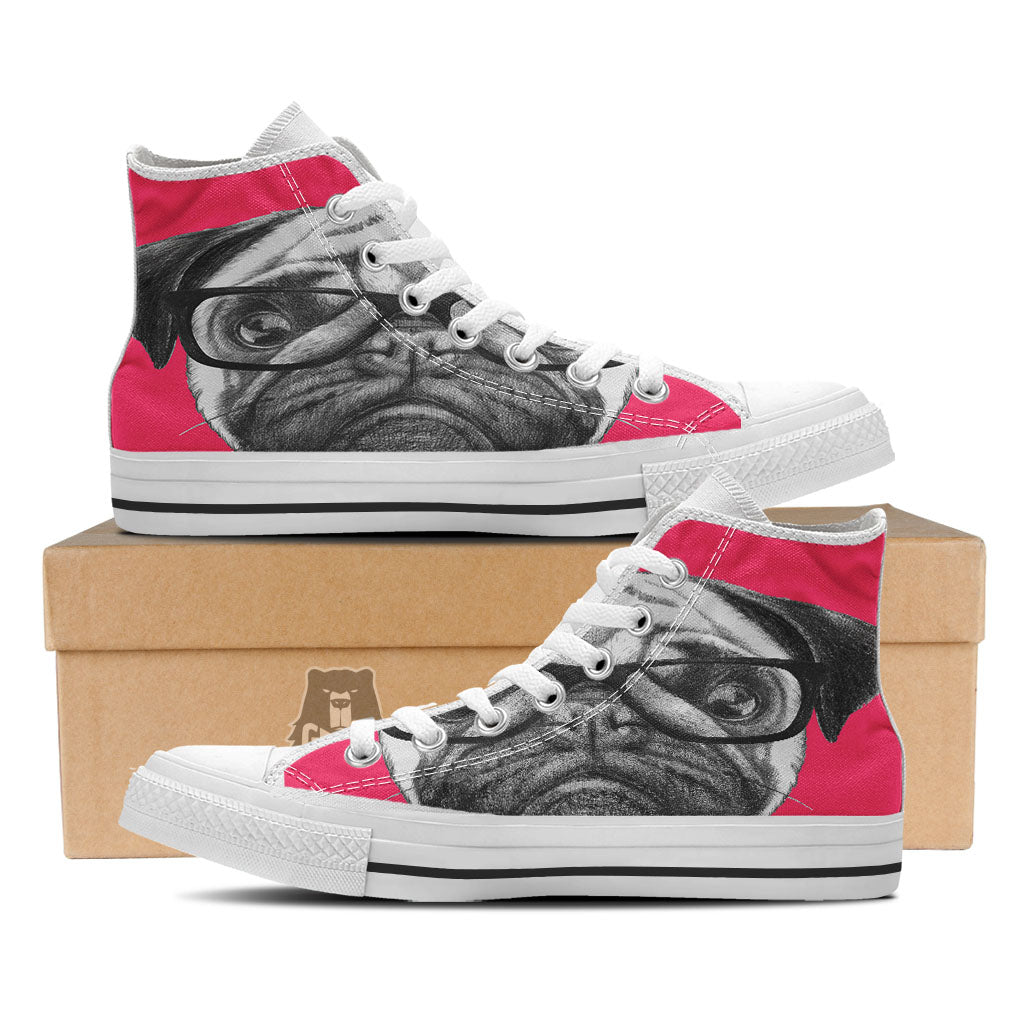 Glasses Pug Portrait Print White High Top Shoes-grizzshop