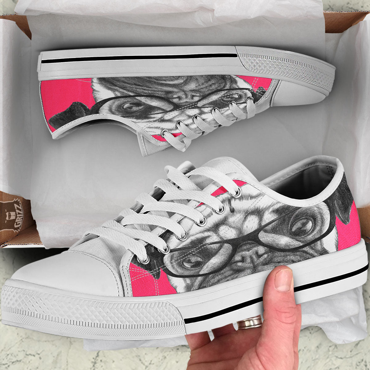 Glasses Pug Portrait Print White Low Top Shoes-grizzshop
