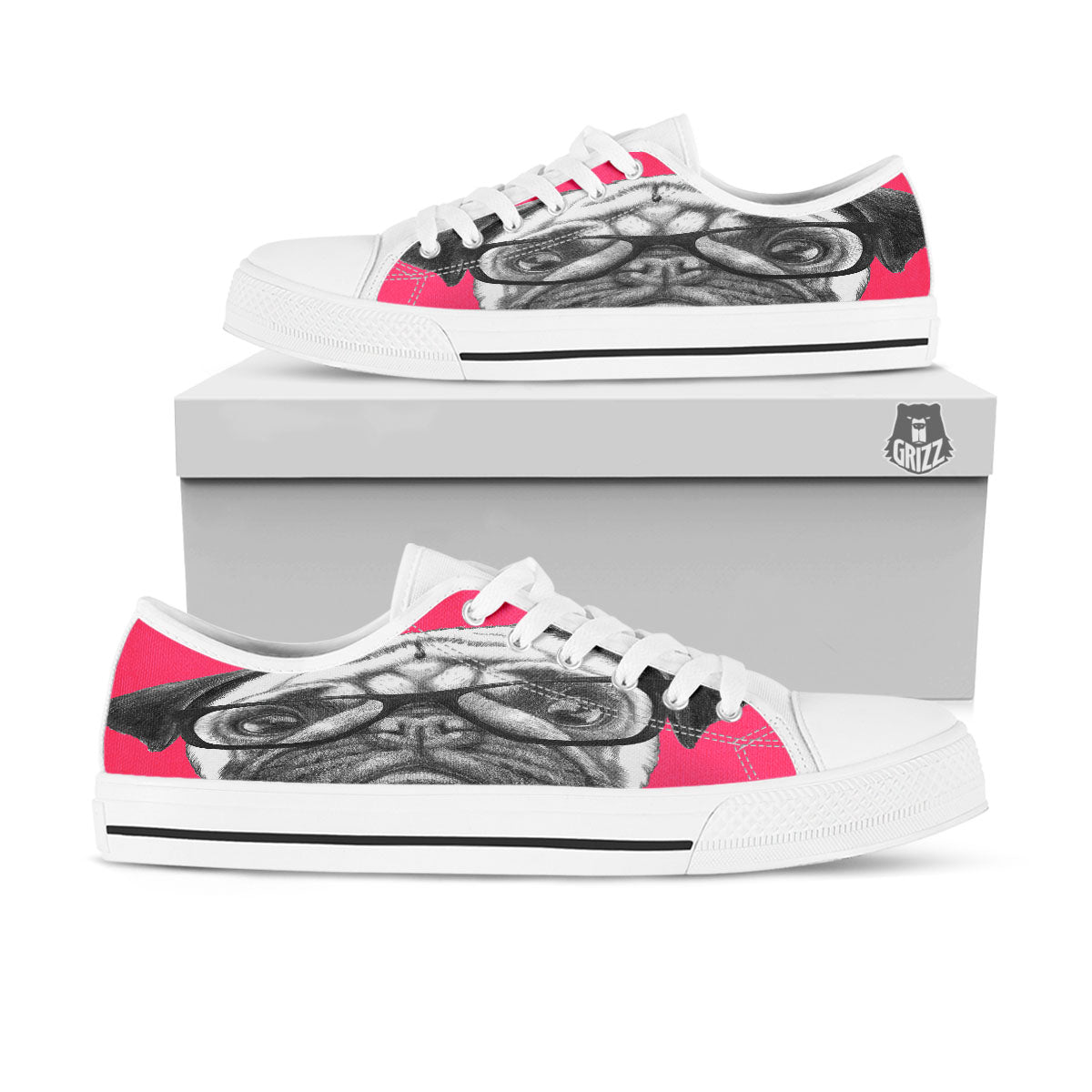 Glasses Pug Portrait Print White Low Top Shoes-grizzshop