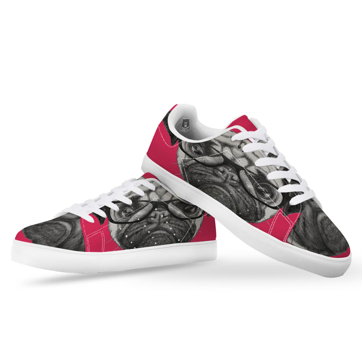 Glasses Pug Portrait Print White Low Top Sneakers-grizzshop