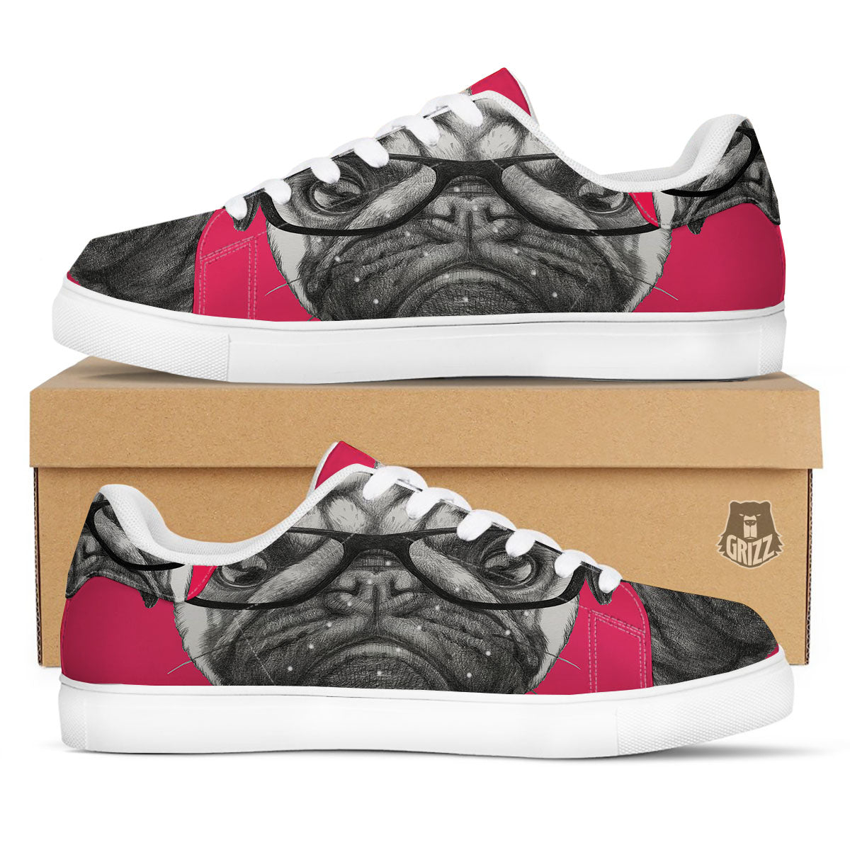 Glasses Pug Portrait Print White Low Top Sneakers-grizzshop