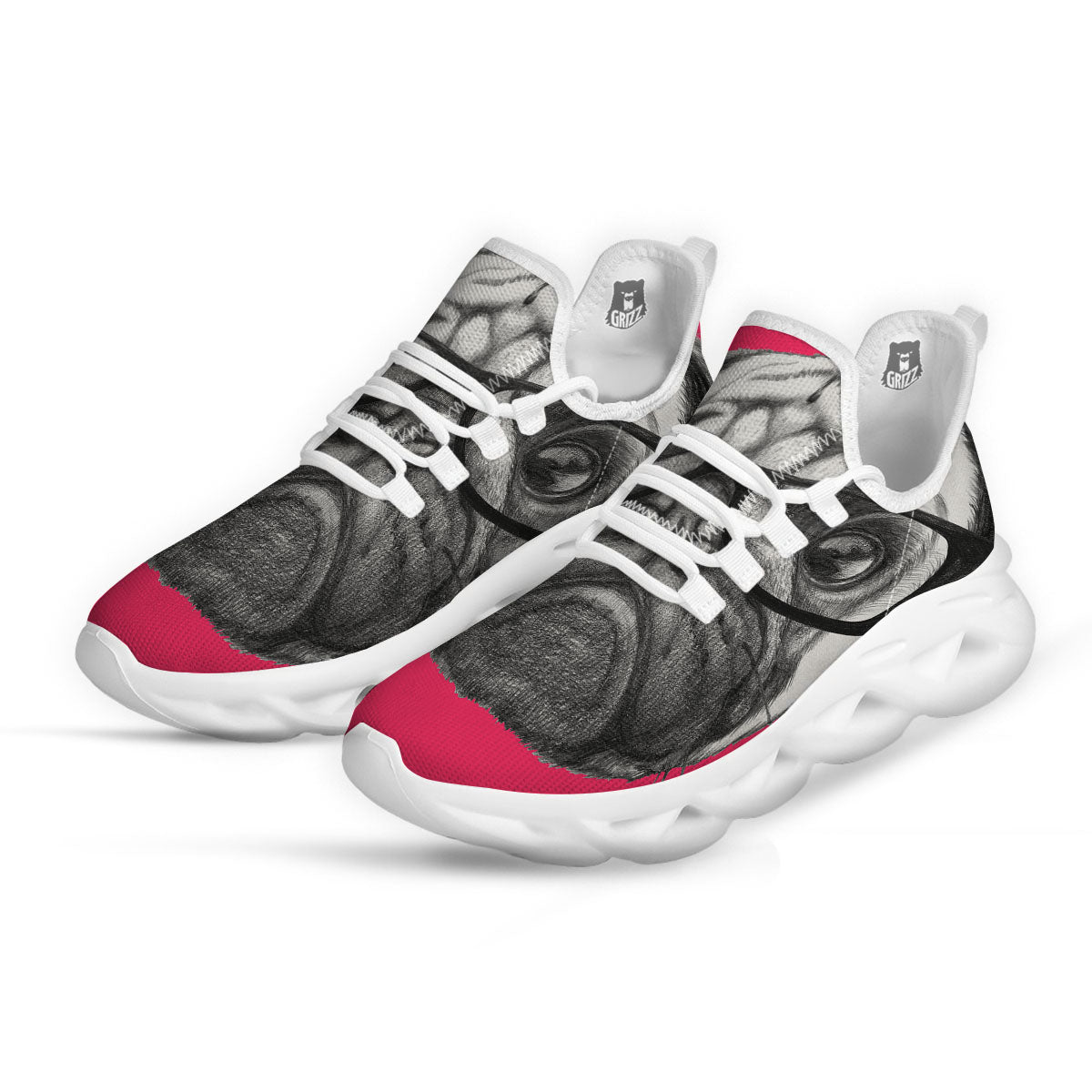 Glasses Pug Portrait Print White Running Shoes-grizzshop