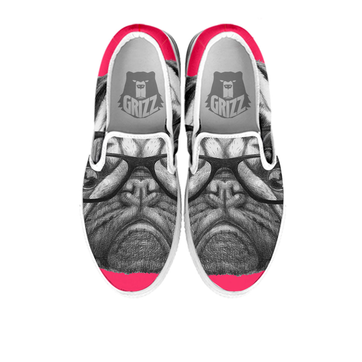 Glasses Pug Portrait Print White Slip On Shoes-grizzshop