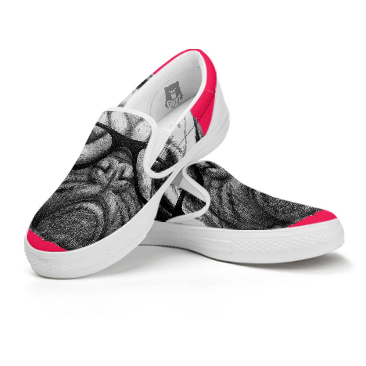 Glasses Pug Portrait Print White Slip On Shoes-grizzshop