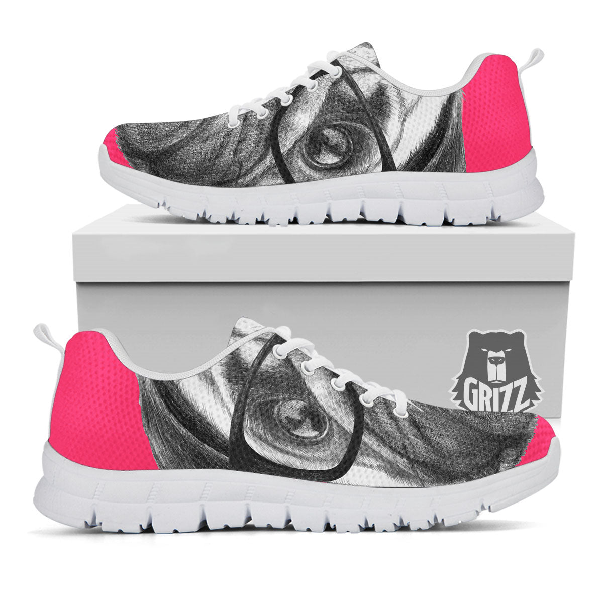 Glasses Pug Portrait Print White Sneaker-grizzshop