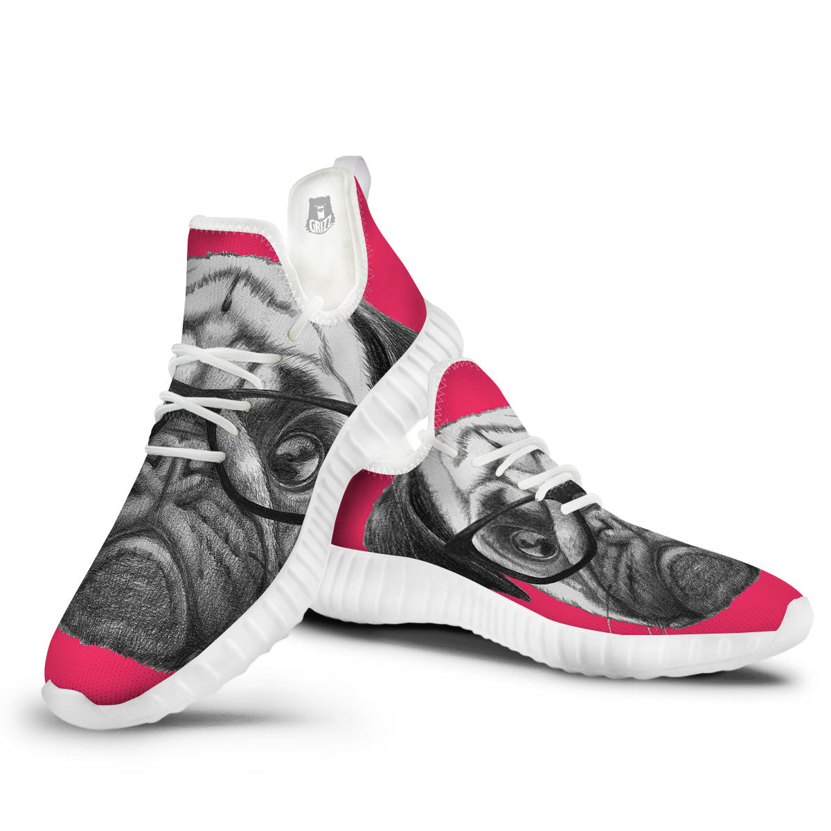 Glasses Pug Portrait Print White Walking Shoes-grizzshop