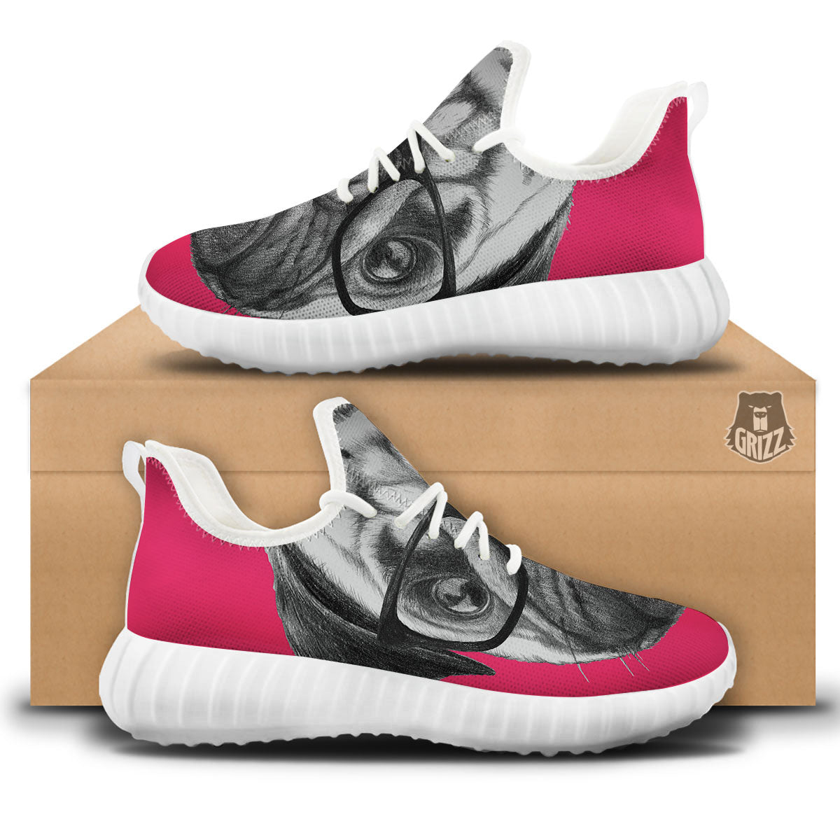 Glasses Pug Portrait Print White Walking Shoes-grizzshop