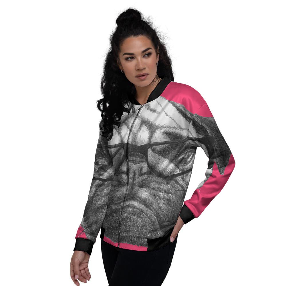 Glasses Pug Portrait Print Women's Bomber Jacket-grizzshop
