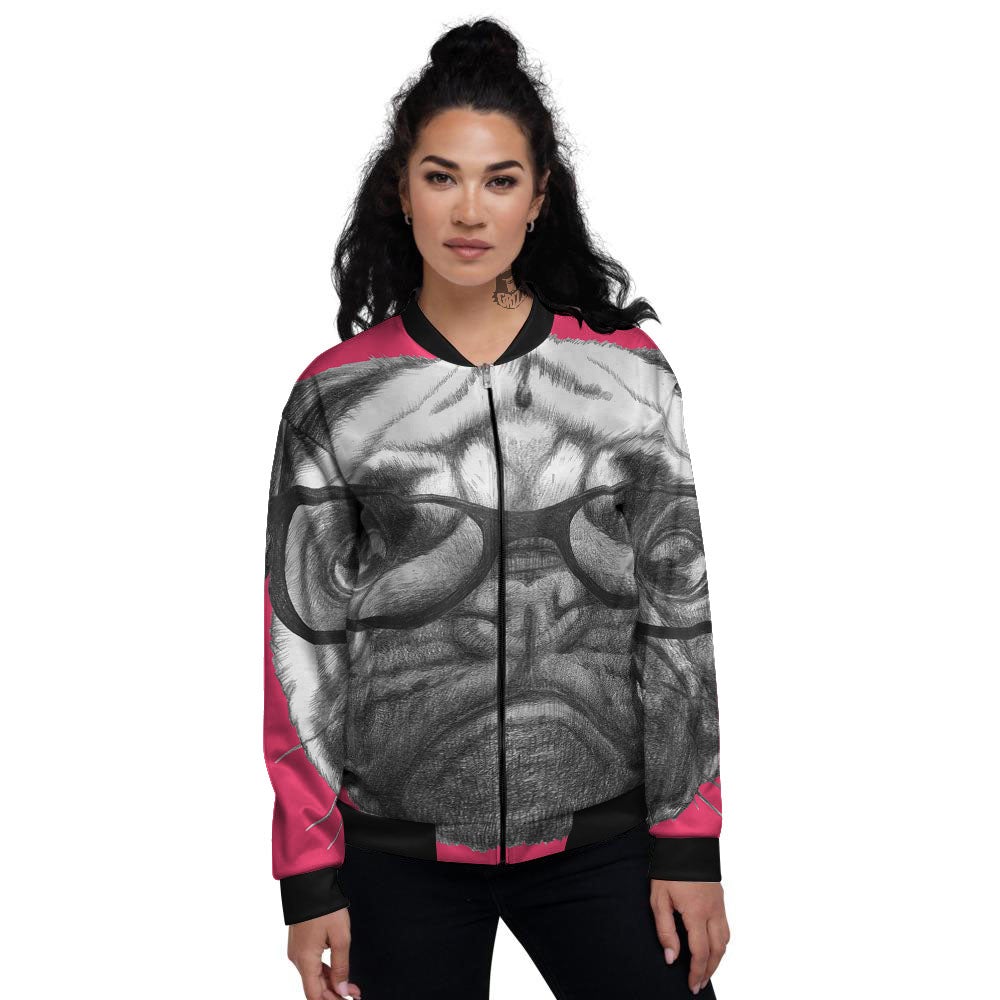 Glasses Pug Portrait Print Women's Bomber Jacket-grizzshop