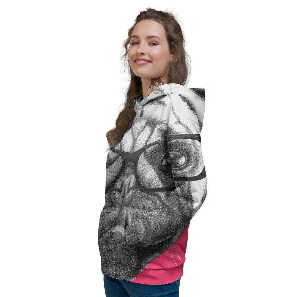 Glasses Pug Portrait Print Women's Hoodie-grizzshop
