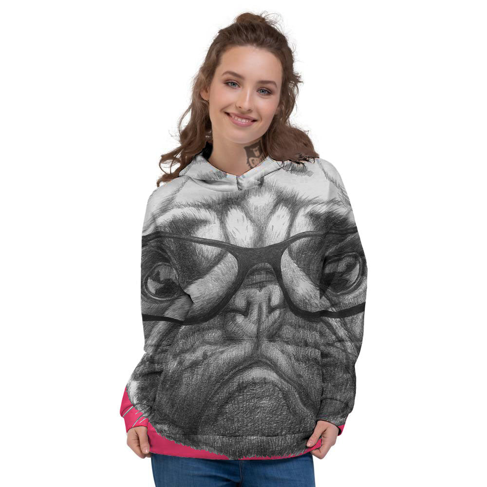 Glasses Pug Portrait Print Women's Hoodie-grizzshop