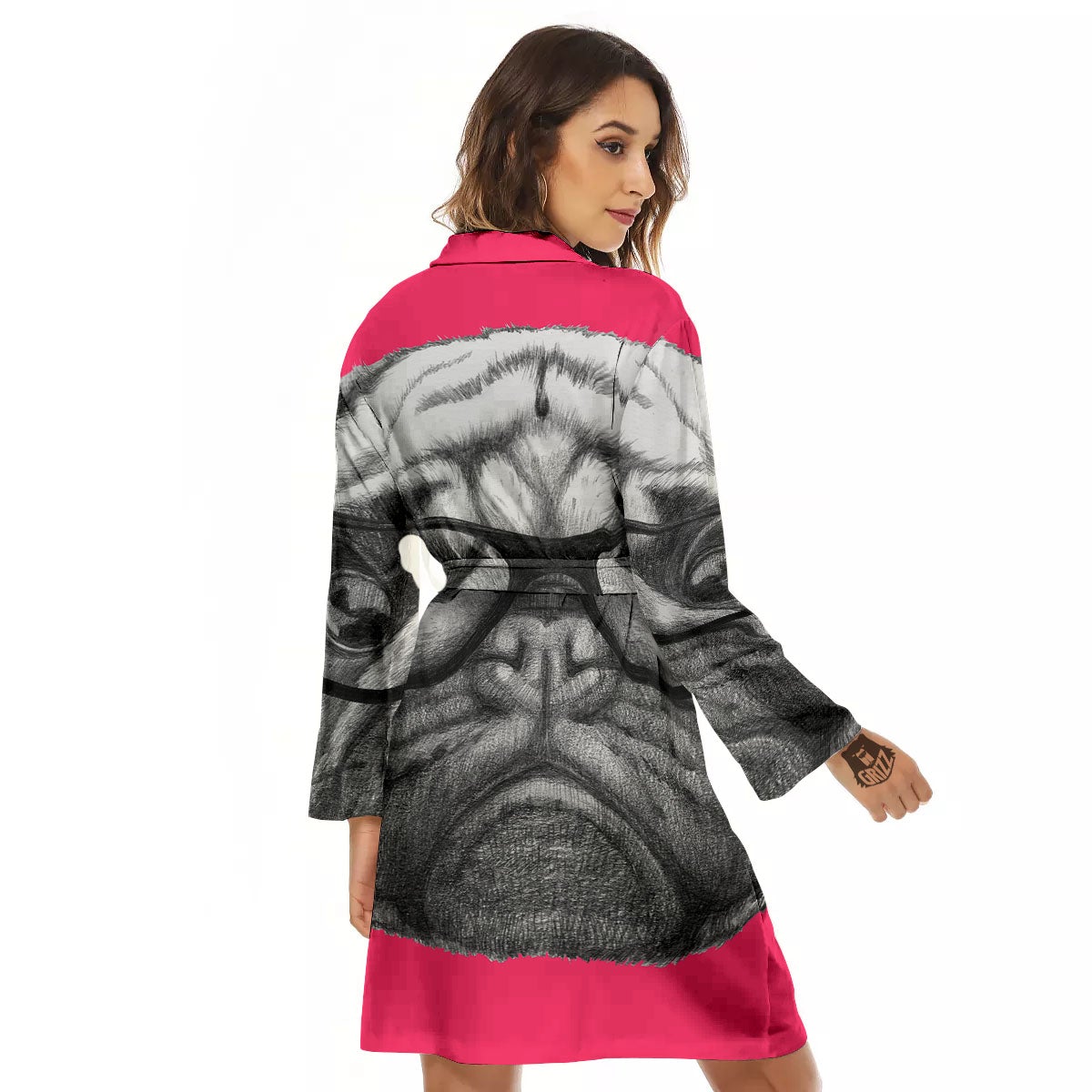 Glasses Pug Portrait Print Women's Robe-grizzshop