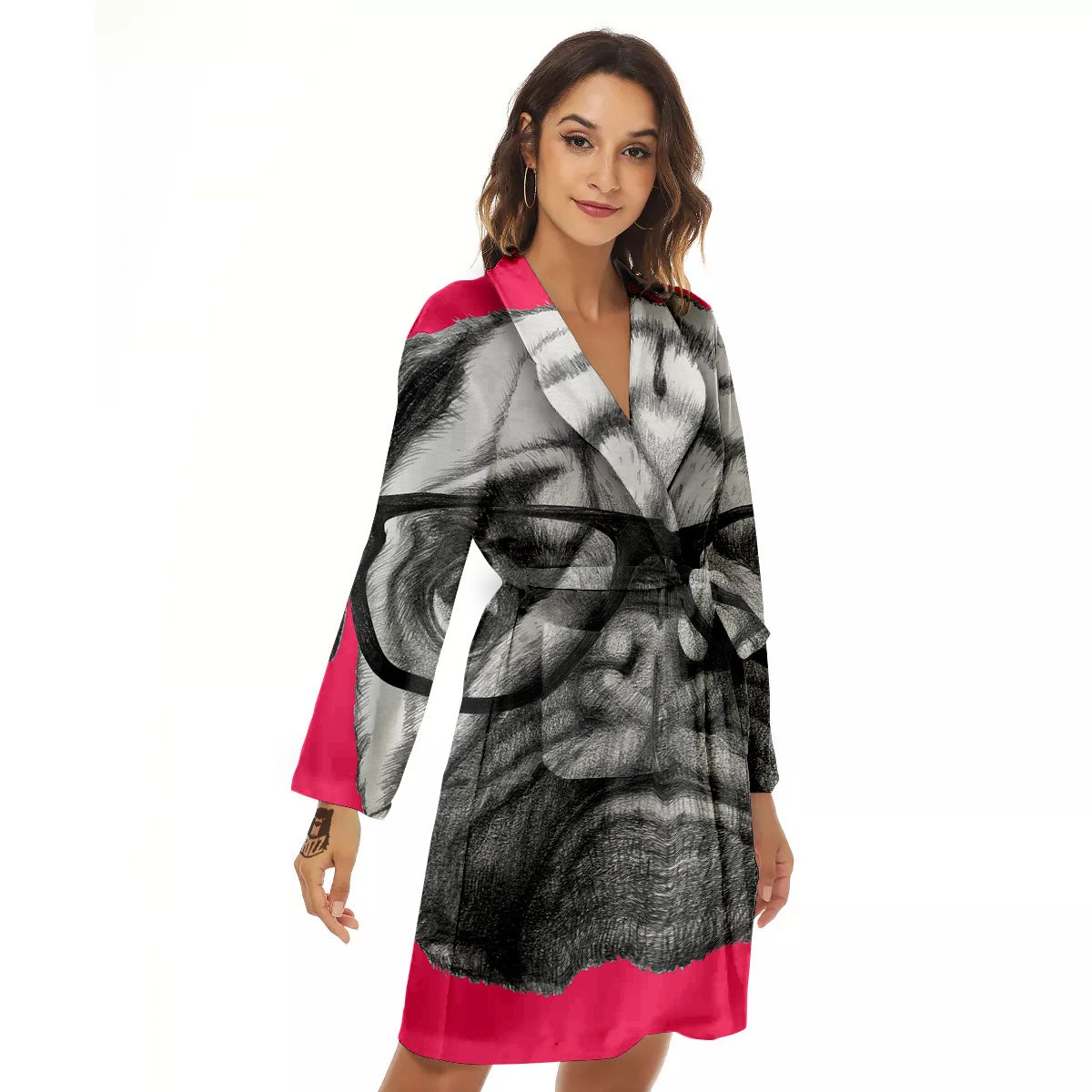 Glasses Pug Portrait Print Women's Robe-grizzshop