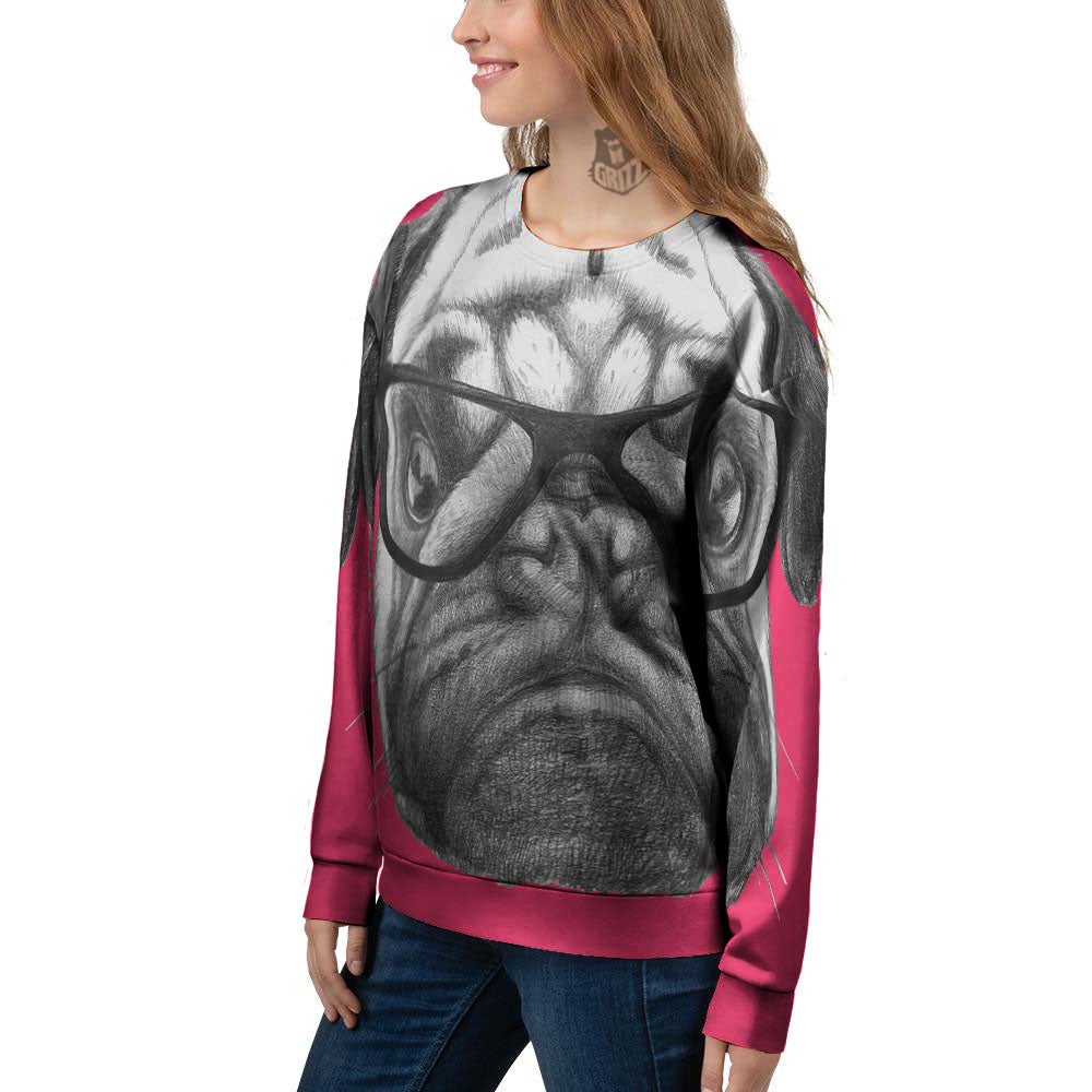 Glasses Pug Portrait Print Women's Sweatshirt-grizzshop