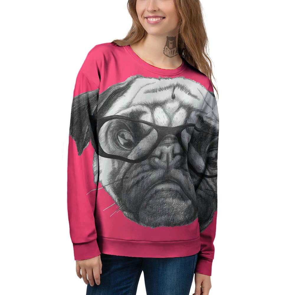 Glasses Pug Portrait Print Women's Sweatshirt-grizzshop
