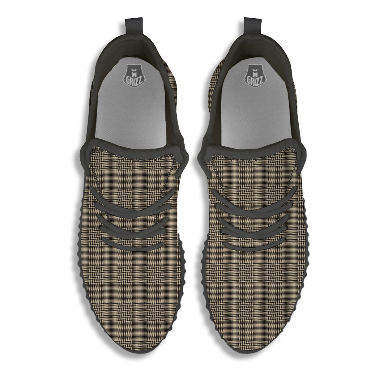 Glen Plaid Beige And Brown Print Black Walking Shoes-grizzshop