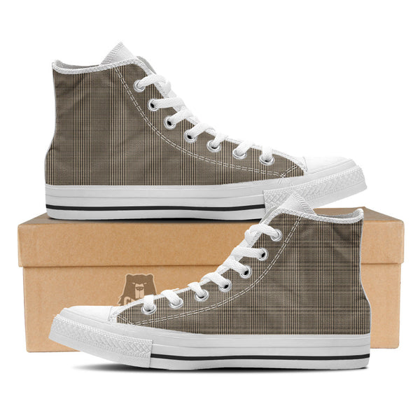 Glen Plaid Beige And Brown Print White High Top Shoes Grizzshopping