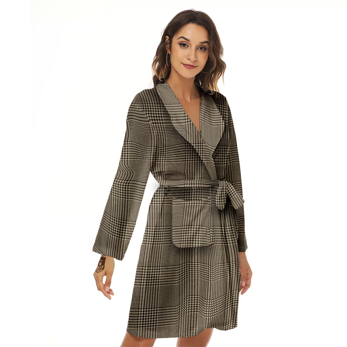Glen Plaid Beige And Brown Print Women's Robe-grizzshop