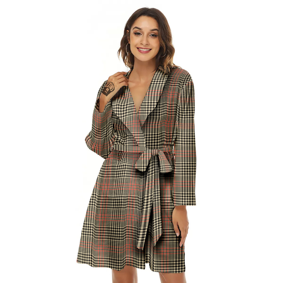 Glen Plaid Brown Beige Print Women's Robe-grizzshop