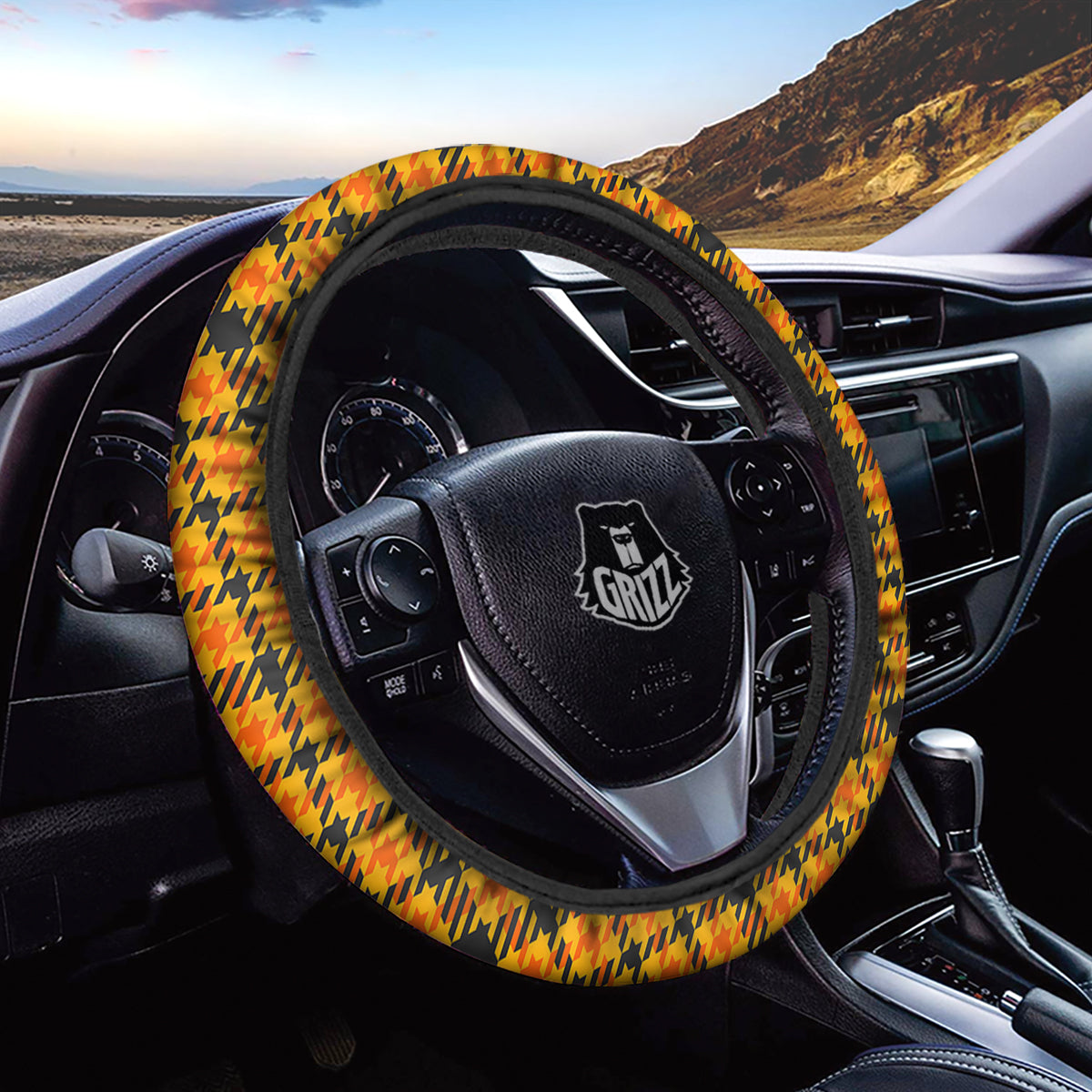Glen Plaid Houndstooth Halloween Print Pattern Car Steering Wheel Cover-grizzshop