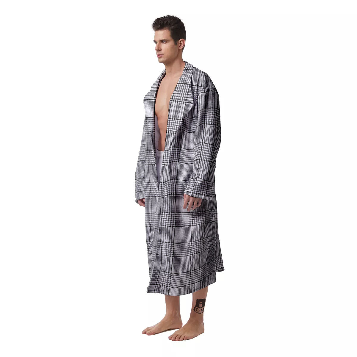 Glen Plaid White And Black Print Men's Robe-grizzshop