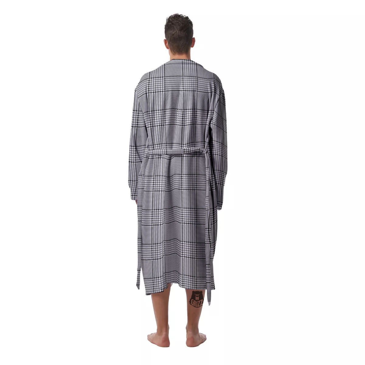 Glen Plaid White And Black Print Men's Robe-grizzshop