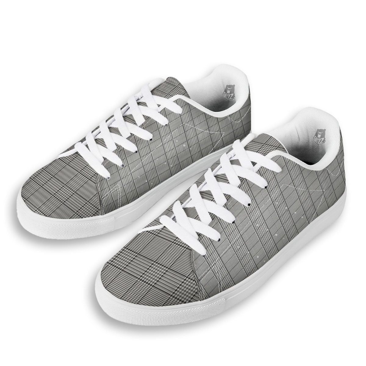 Glen Plaid White And Black Print White Low Top Sneakers-grizzshop