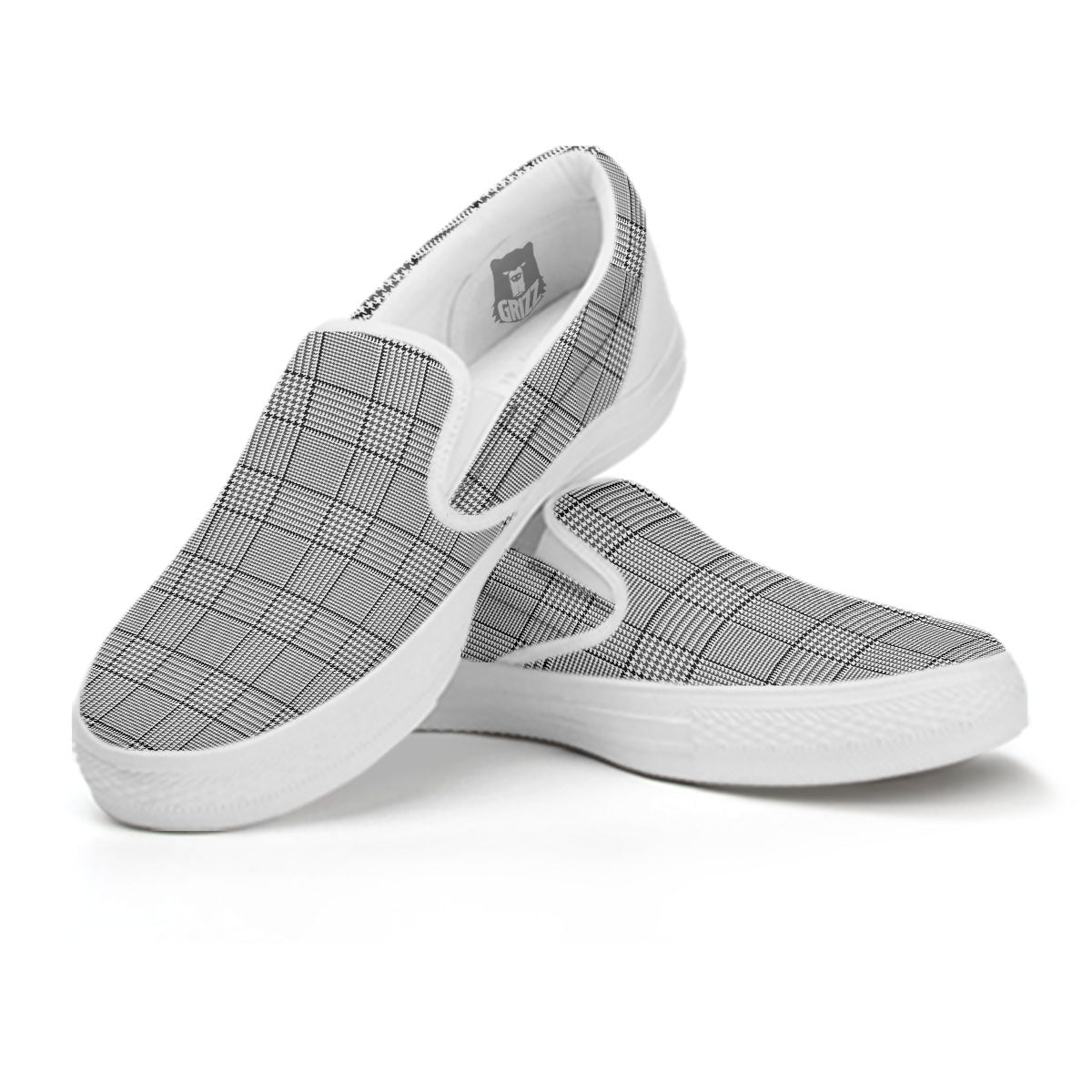 Glen Plaid White And Black Print White Slip On Shoes-grizzshop