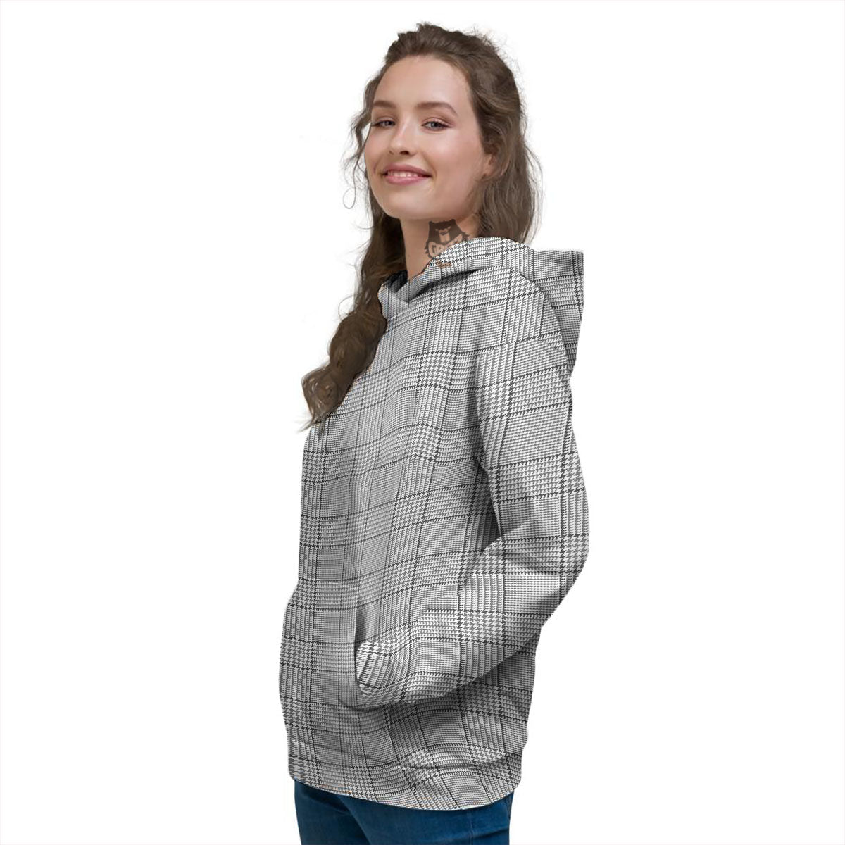 Glen Plaid White And Black Print Women's Hoodie-grizzshop