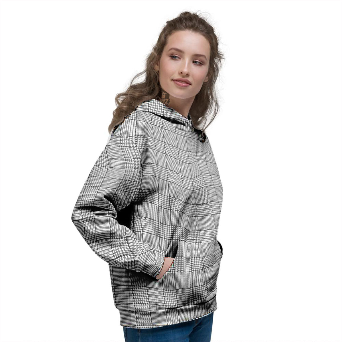 Glen Plaid White And Black Print Women's Hoodie-grizzshop