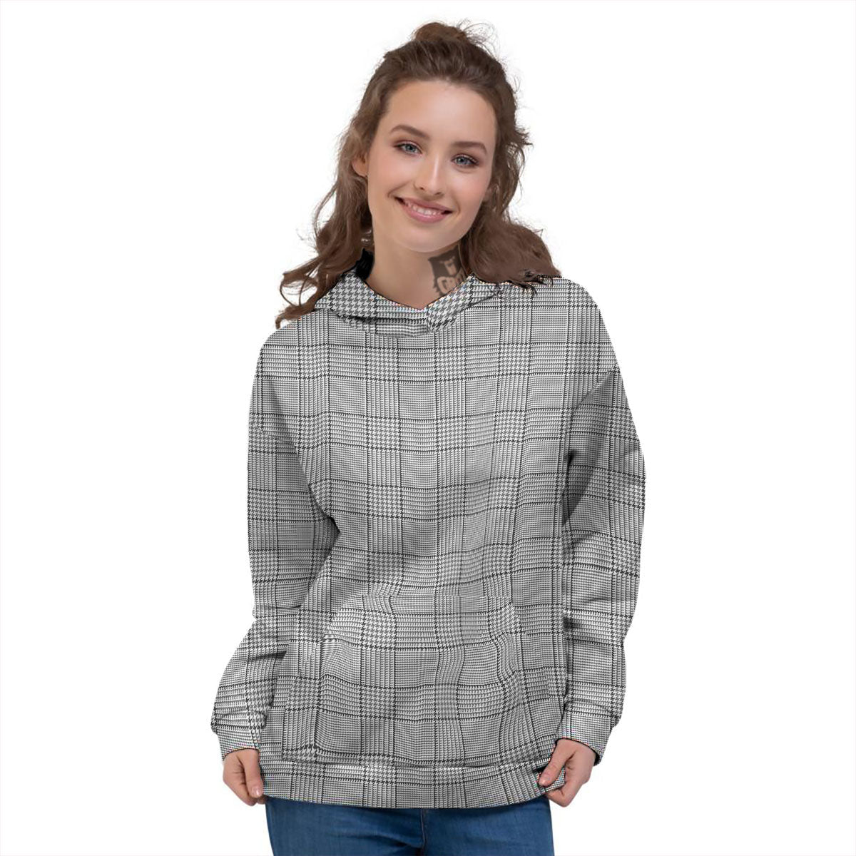 Glen Plaid White And Black Print Women's Hoodie-grizzshop