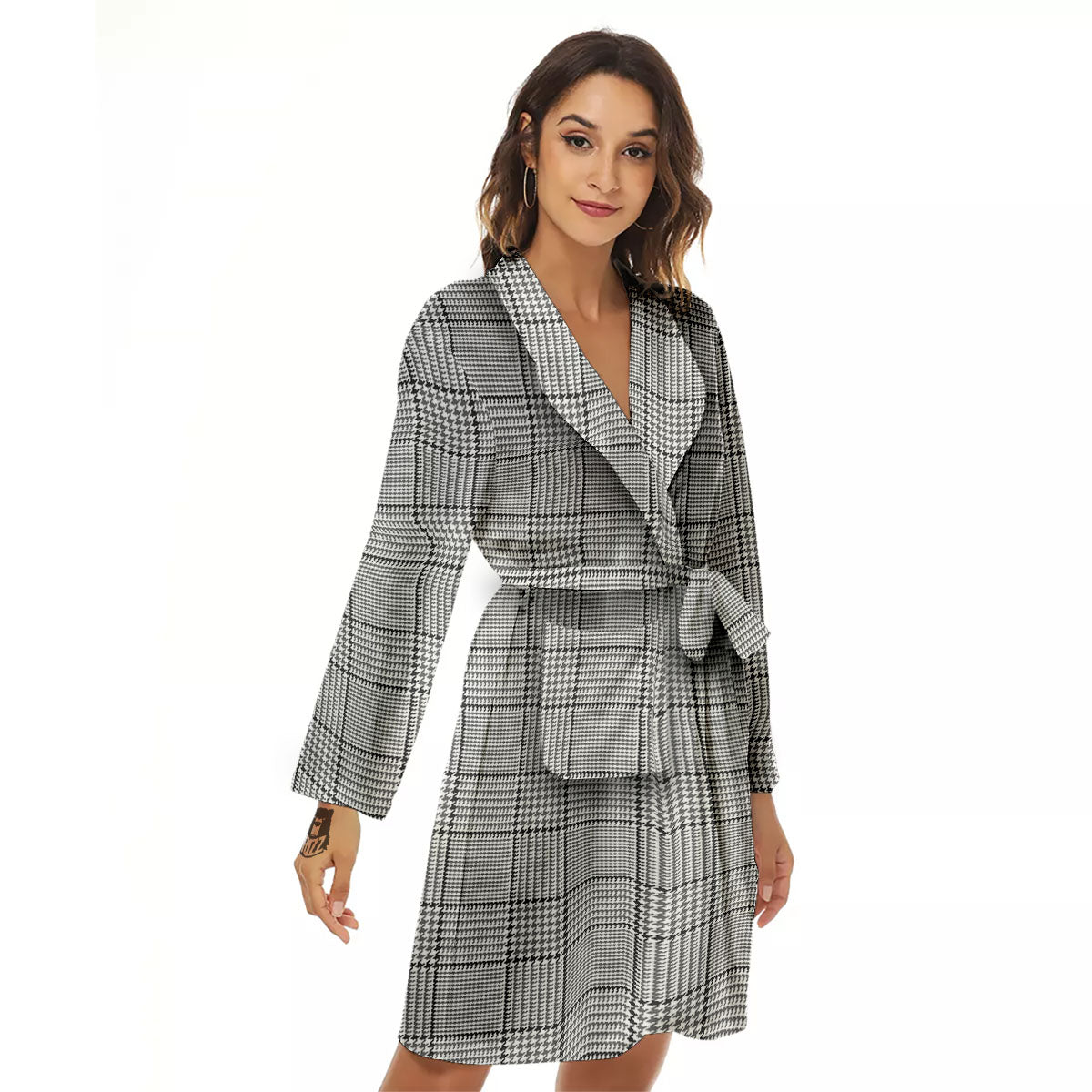 Glen Plaid White And Black Print Women's Robe-grizzshop