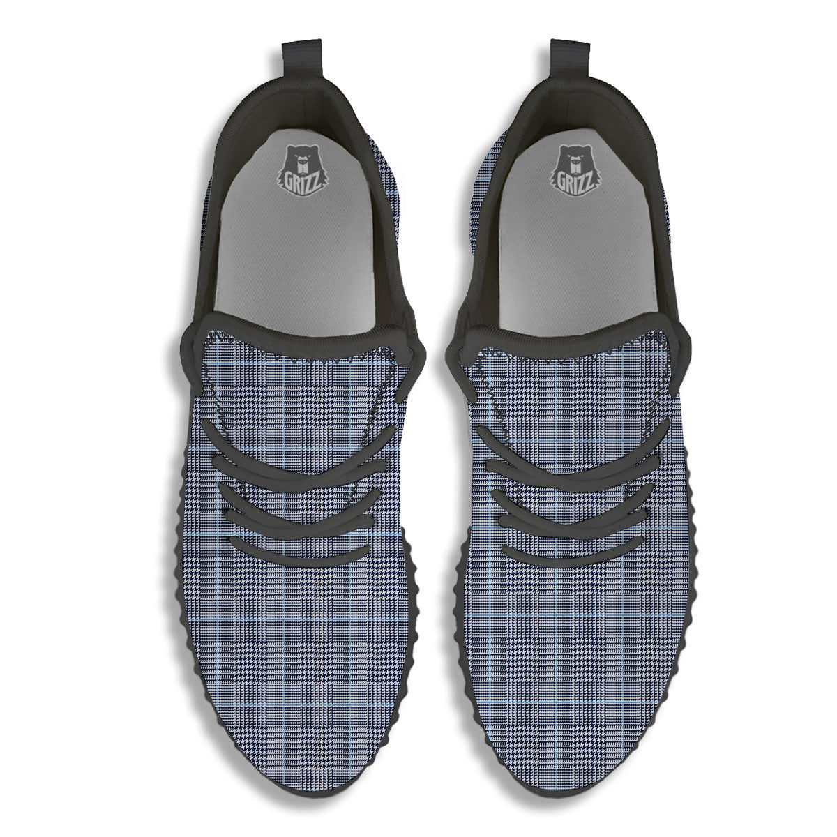 Glen Plaid White And Blue Print Black Walking Shoes-grizzshop
