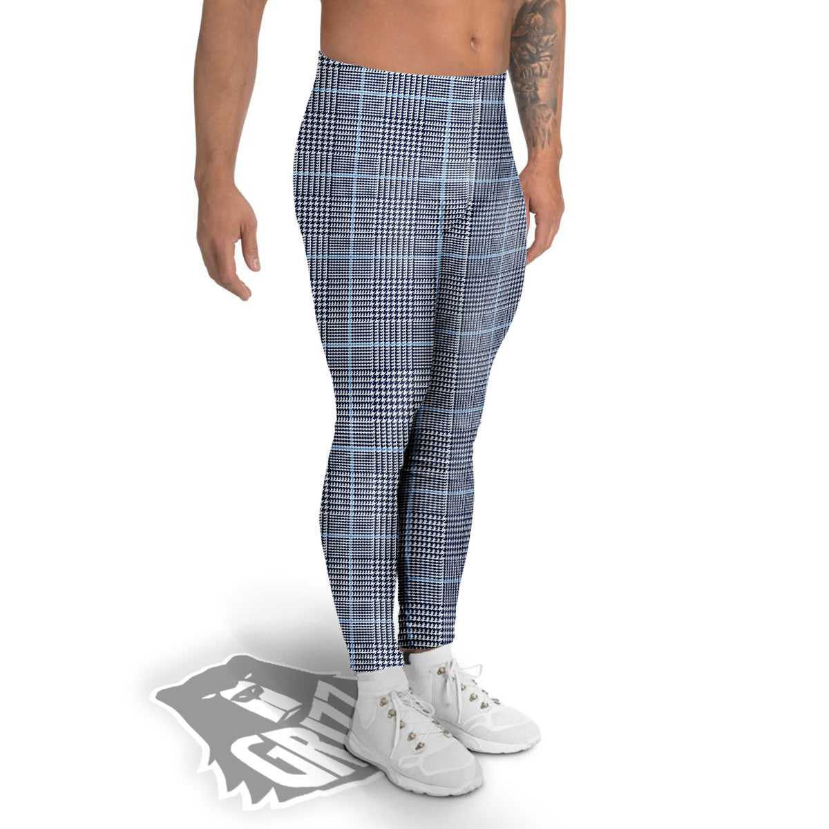 Glen Plaid White And Blue Print Men's Leggings-grizzshop