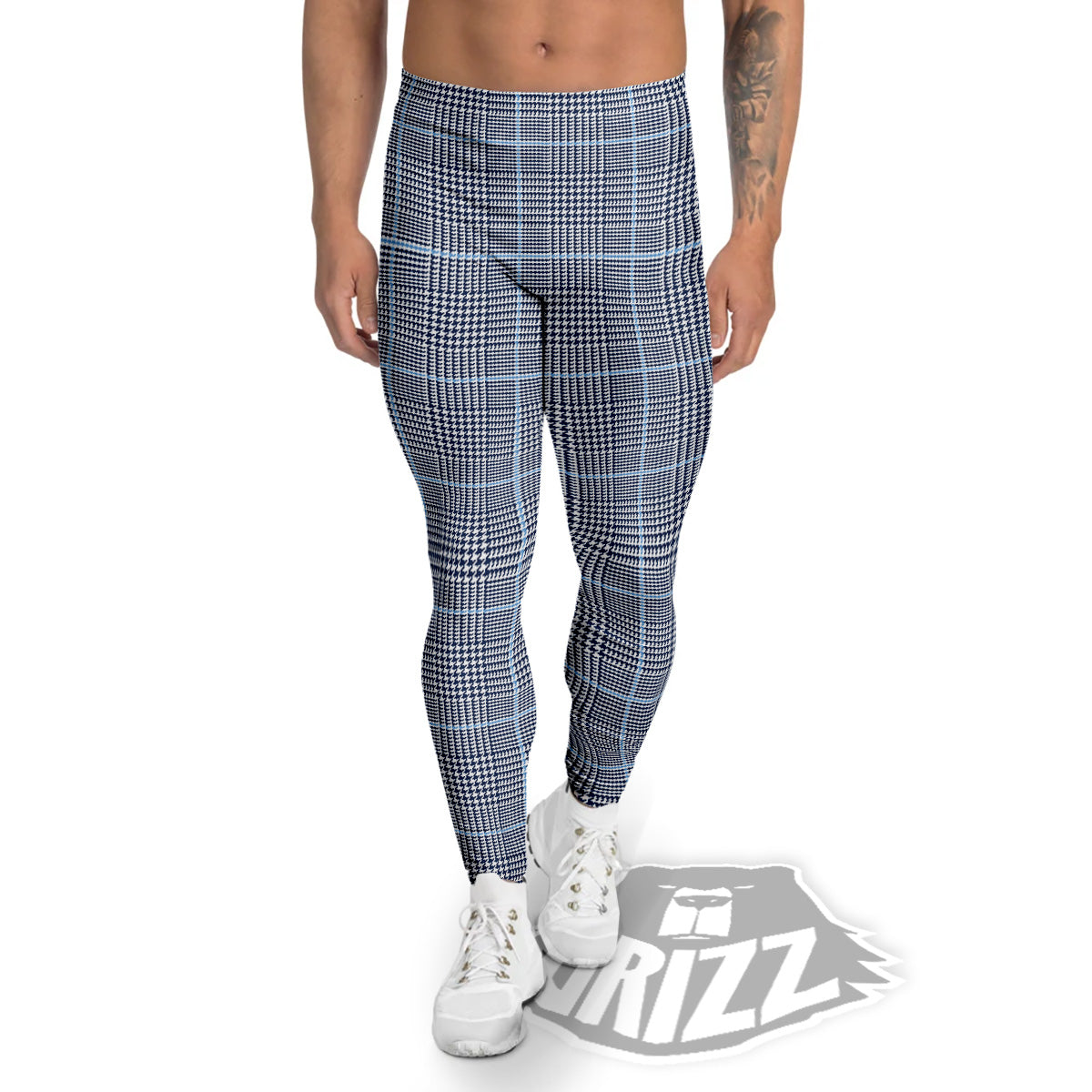 Glen Plaid White And Blue Print Men's Leggings-grizzshop