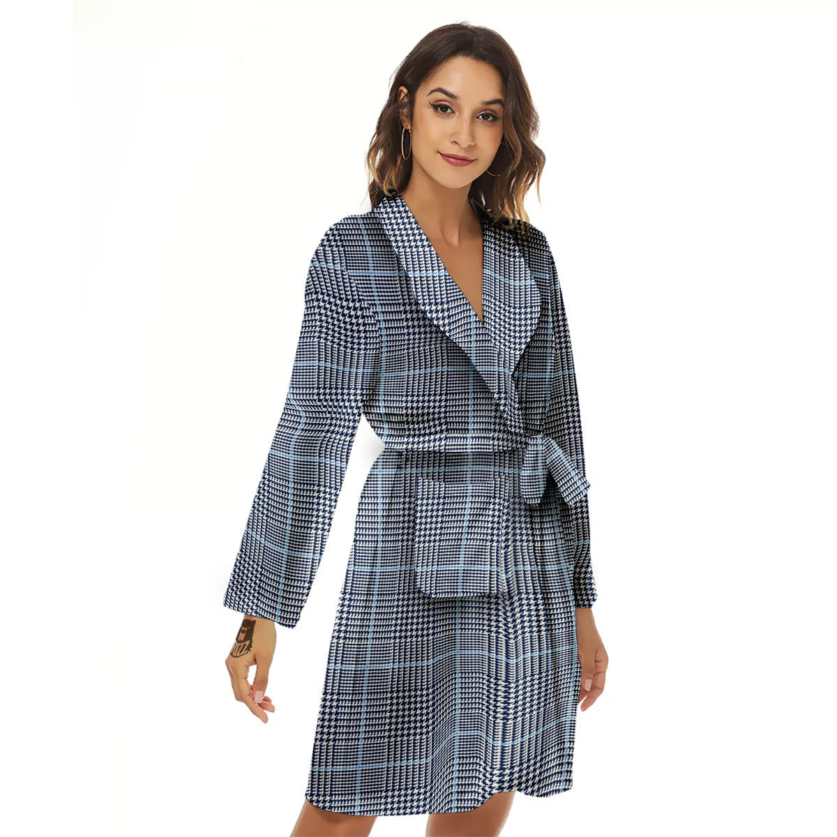 Glen Plaid White And Blue Print Women's Robe-grizzshop