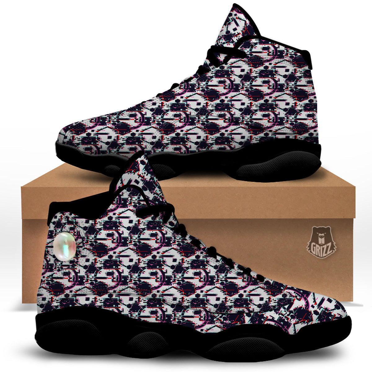 Glitch Effect Print Pattern Black Basketball Shoes-grizzshop