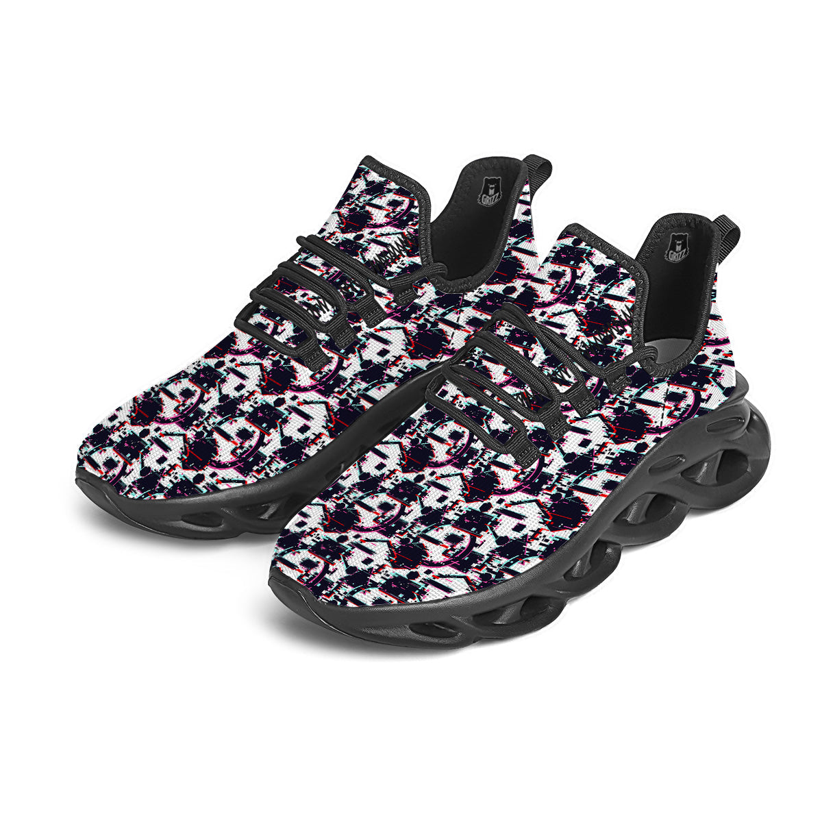 Glitch Effect Print Pattern Black Running Shoes-grizzshop