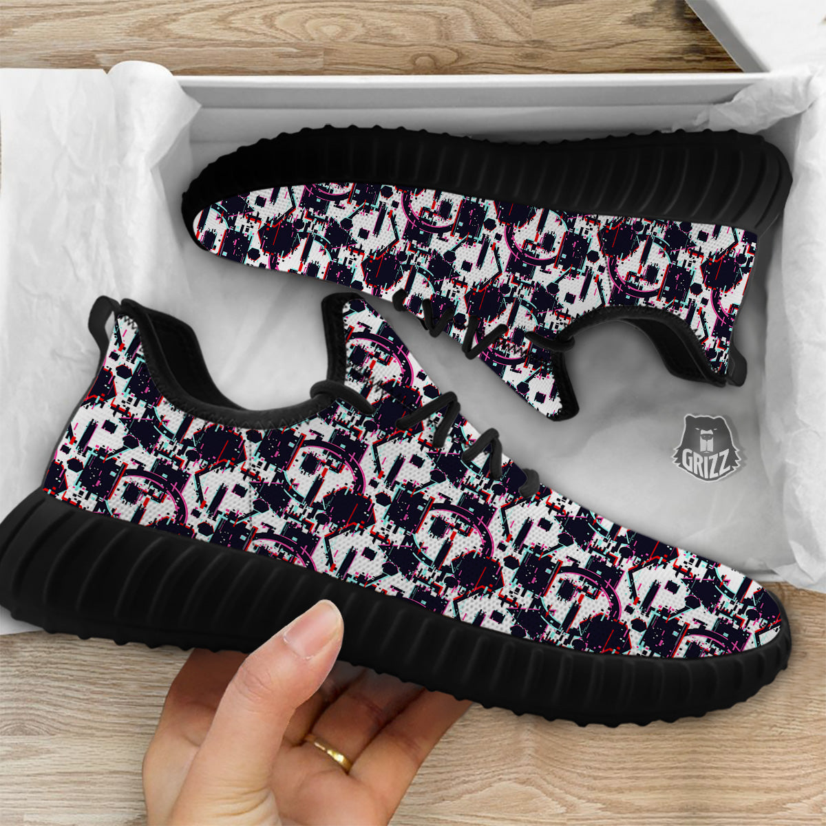 Glitch Effect Print Pattern Black Walking Shoes-grizzshop