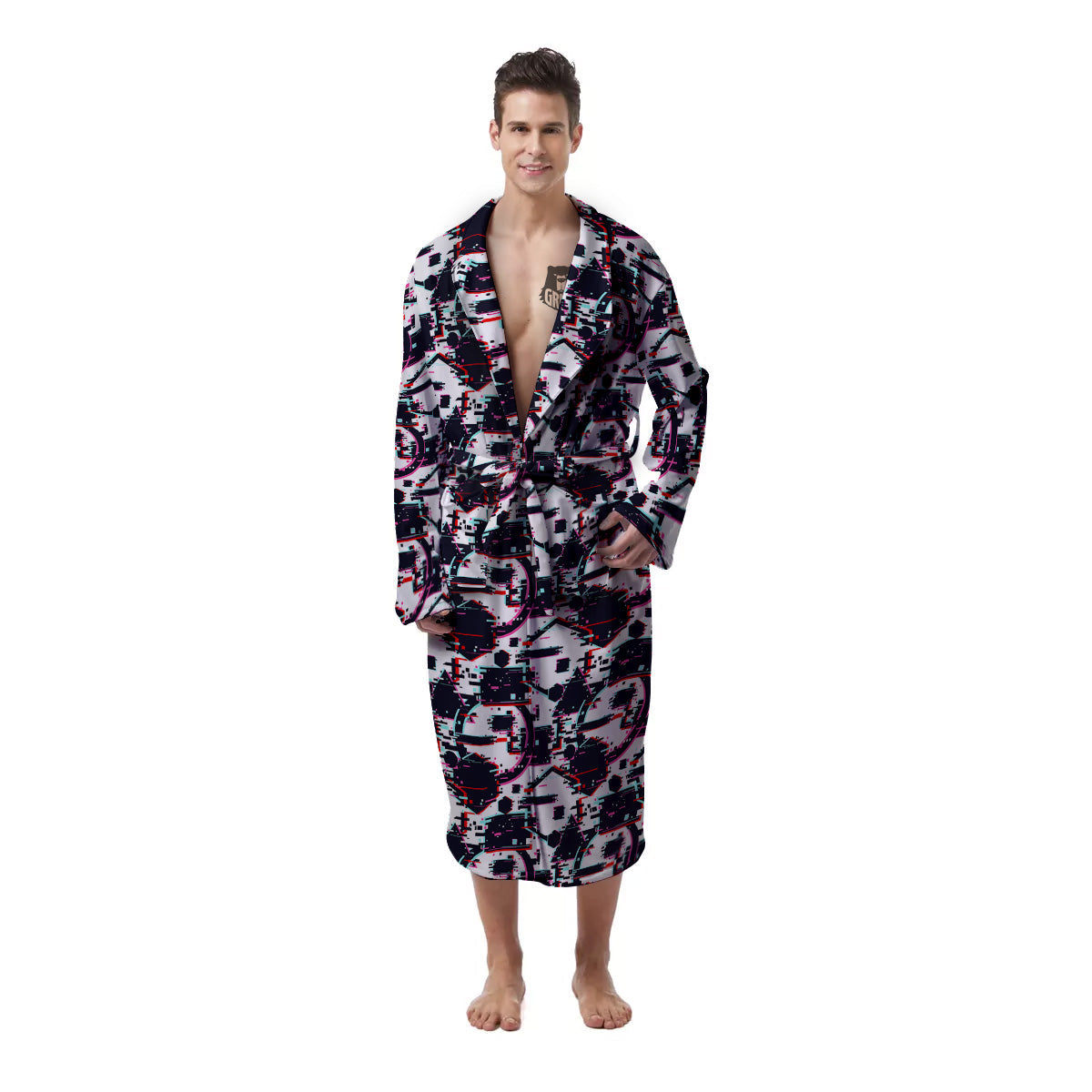 Glitch Effect Print Pattern Men's Robe-grizzshop