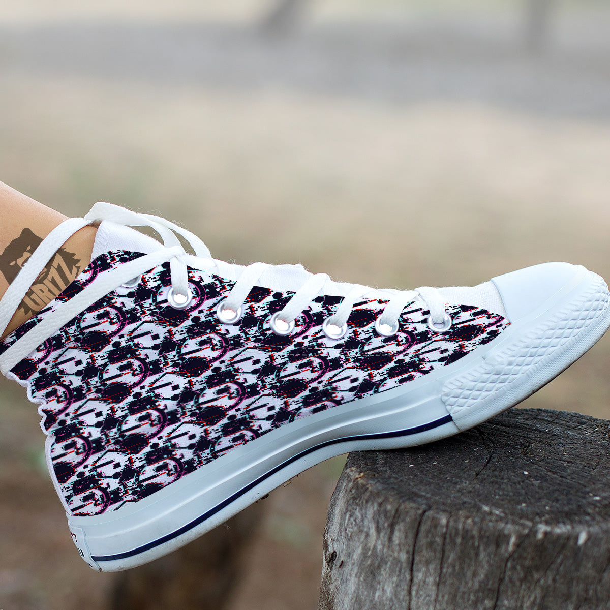 Glitch Effect Print Pattern White High Top Shoes-grizzshop
