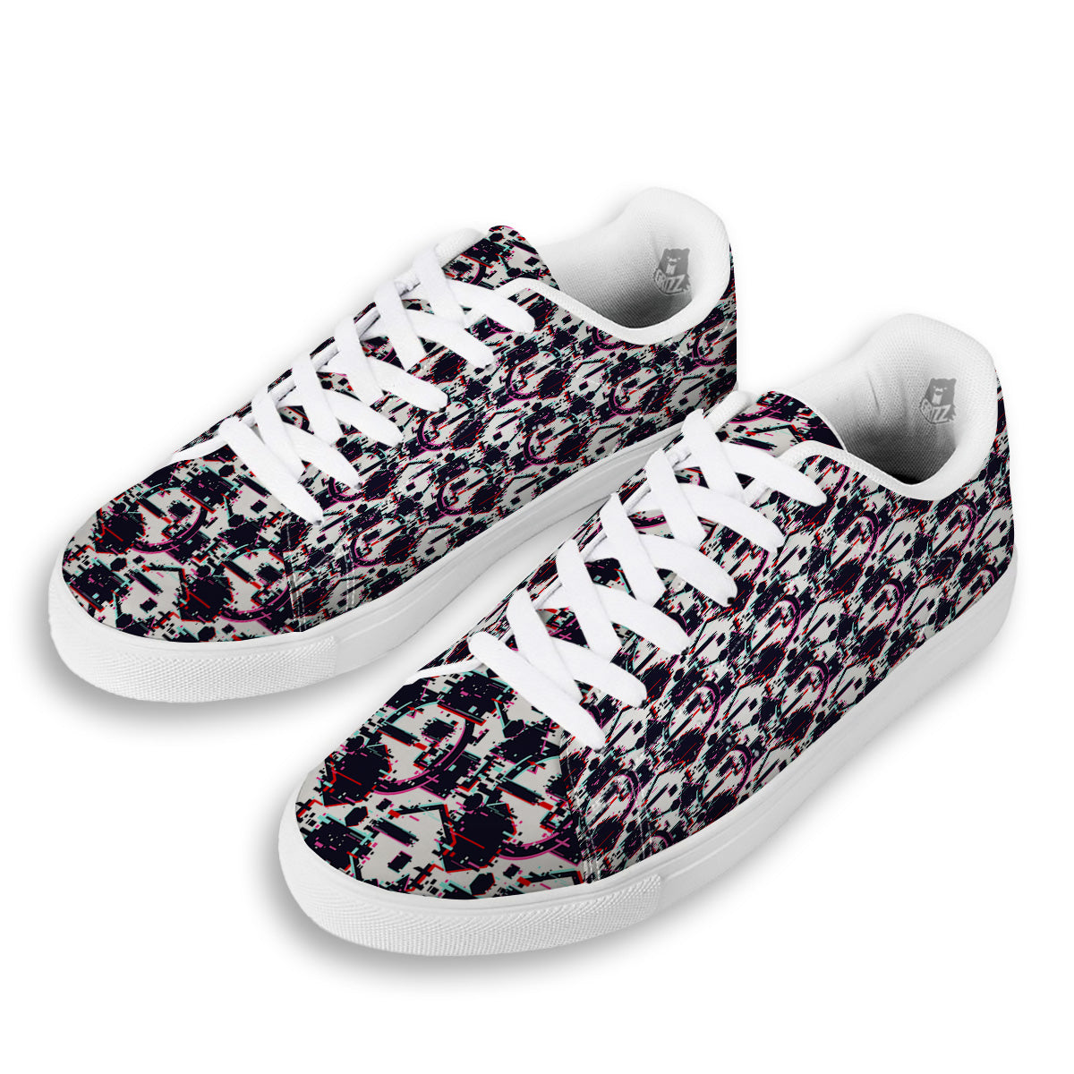 Glitch Effect Print Pattern White Low Top Sneakers-grizzshop